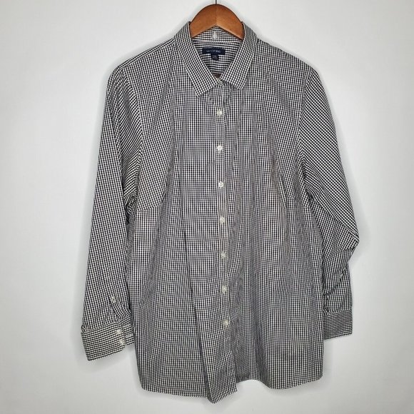 Lands End Womens Black Gingham Button Front Blouse Size 20W Long Sleeve Supima - Picture 1 of 9